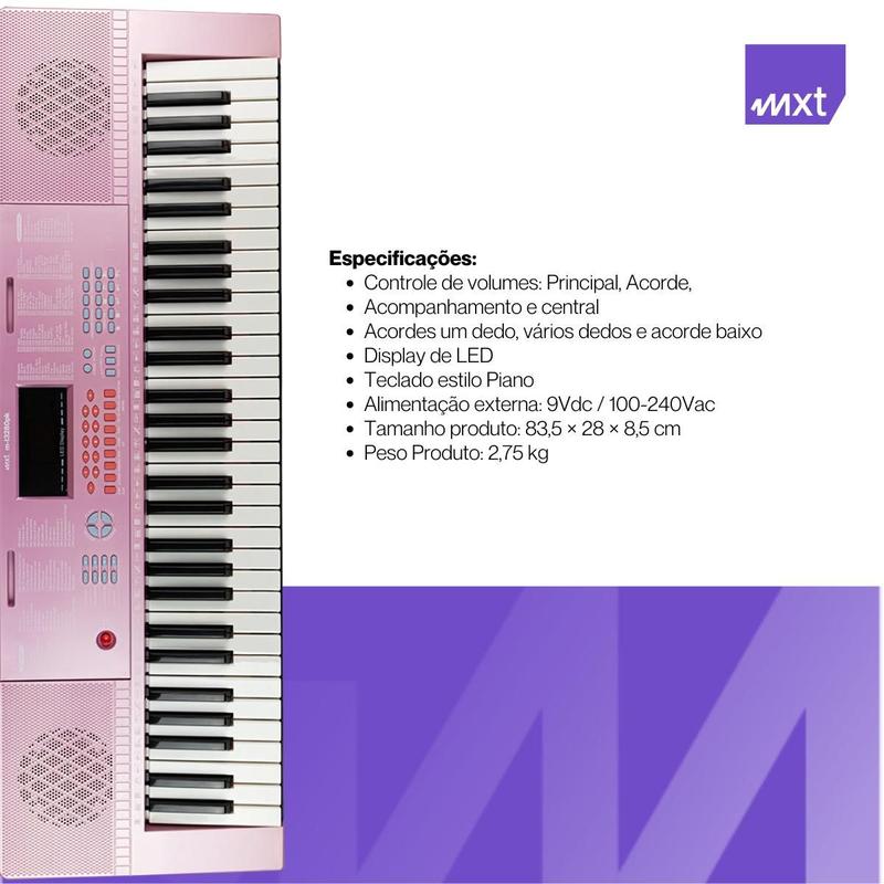 Teclado musical 300 timbres 300 ritmos, 3 modos teaching, rosa